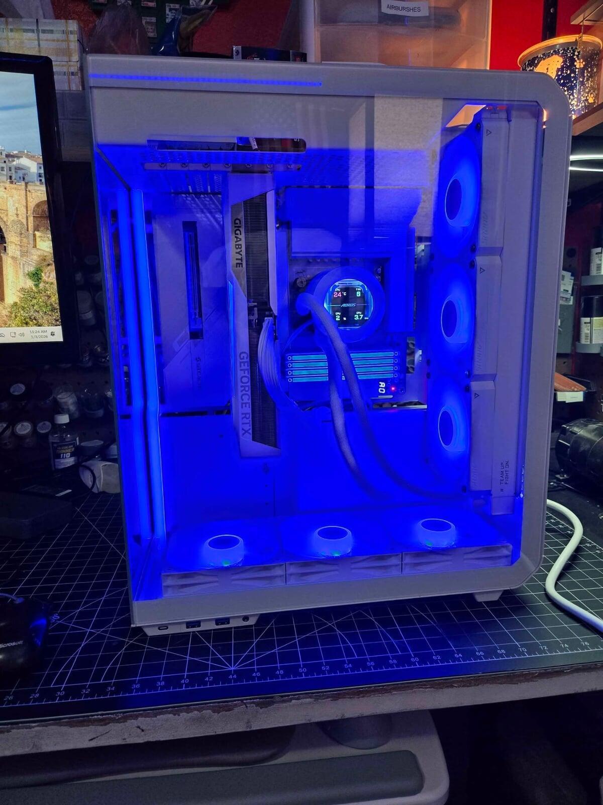 Computer desk with blue background