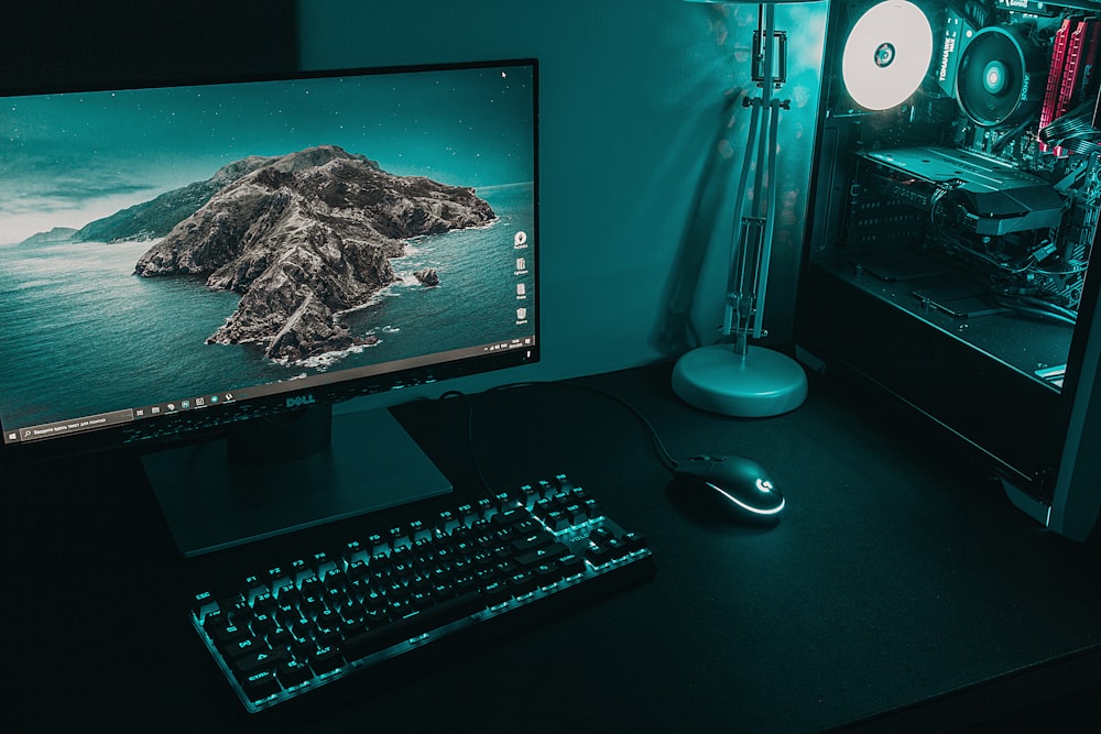 Computer desk with blue background
